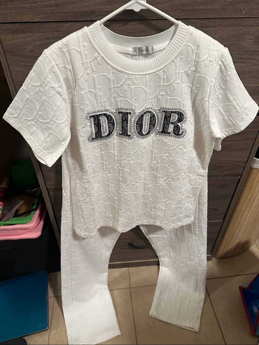 White Textured Knit Logo Tee and Pants Set size M